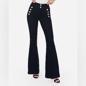 High Waisted Flare Jeans with Flattering Hip Buttons